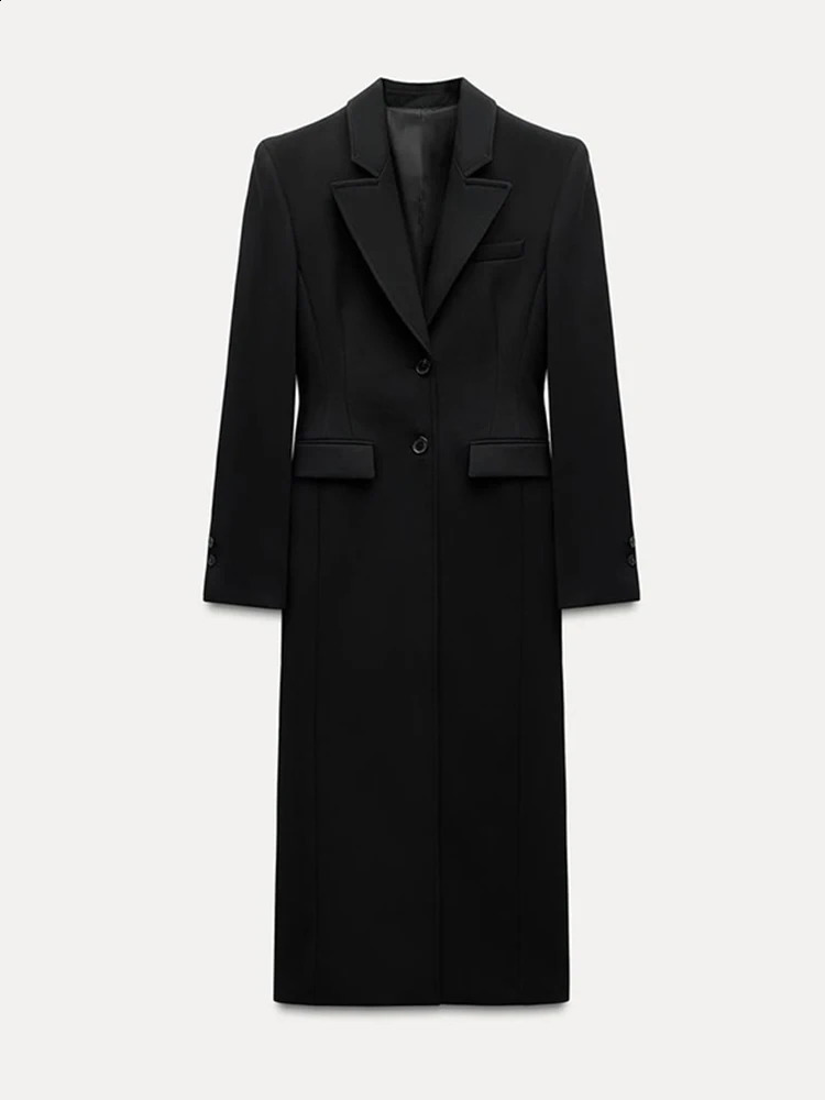 Vintage Lapel Black Long Overcoat Women Slim High Waist Full Sleeve Single Breasted Shoulder Pad Coat Spring Commute Outwear 250109Z