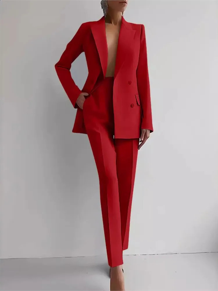 Casual Long Sleeve Suit Set Office Lady Solid Elegant Slim Spring Autumn Tops Blazer Pants Two Piece Set Women Outfit 250206