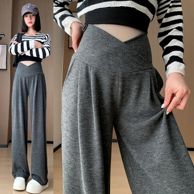 Autumn Maternity Long Pants Drawstring Across Belly Elastic Waist Clothes for Pregnant Women Casual Pregnancy Wide Leg 250206