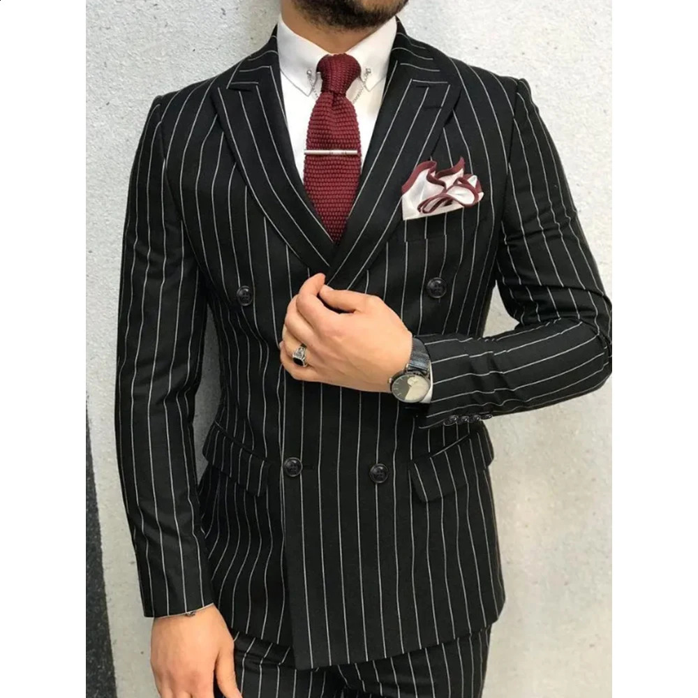 Elegant Striped Men Suits Chic Lapel Double Breasted Black Male Suit Slim Formal Groom Wedding Tuxedo 2 Piece 012D 250121
