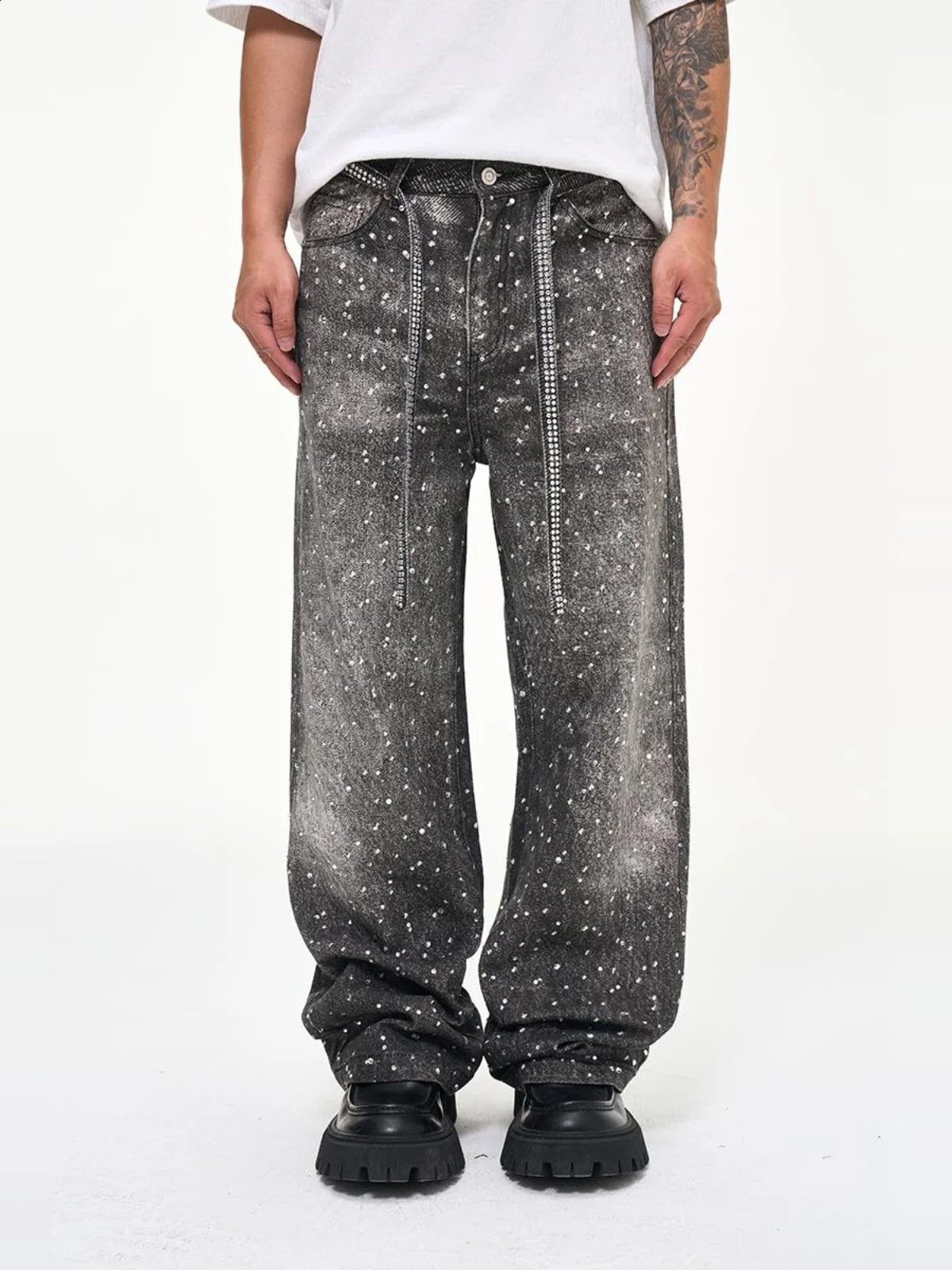 Tung Sung Diamond Jeans Washed Hip Hop Straight Jeans Belt 250206
