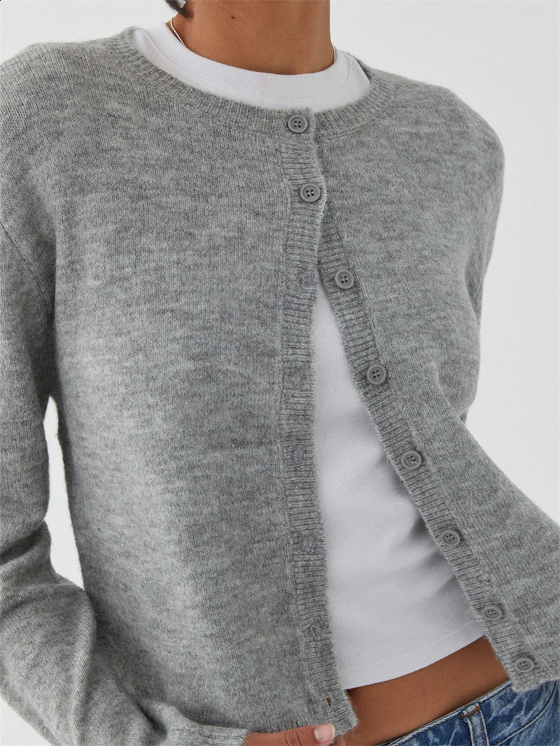 Fashion Y2k Crochet Knit Cardigans Women Slim Crew Neck Long Sleeve Single Breasted Sweaters Autumn Lady Versatile Sweater 250206