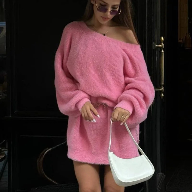 Talenza Female V-neck Mink Sweater Fall Sexy Off-Shoulder Loose Sweater Dress Solid Casual Pullover Street Knitted Top 250121