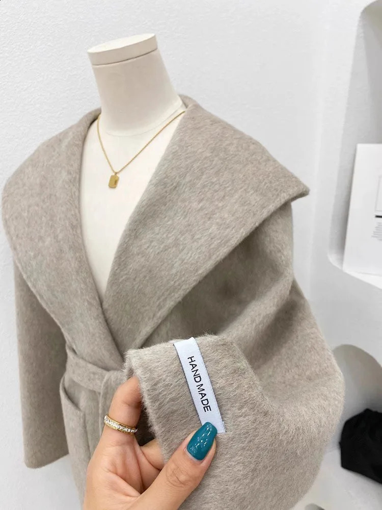 LANMREM Winter Wool Mid Length Coat For Women Lapel Belt Gathered Waist Solid Color Jackets 2024 Clothing 32C1603 250109Z