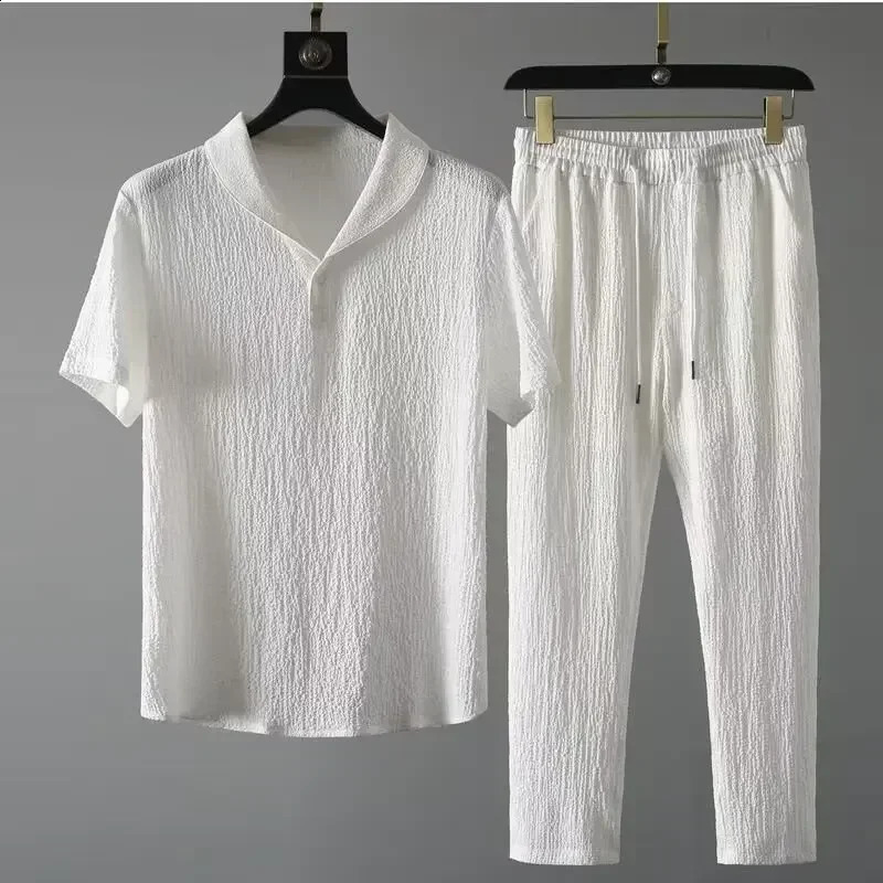 Summer Ultra-thin Five-piece Ice Silk Linen Suit Mens Cotton Linen 2-piece Set Loose-fit Mid-sleeve T-shirt Sports Wear 250121