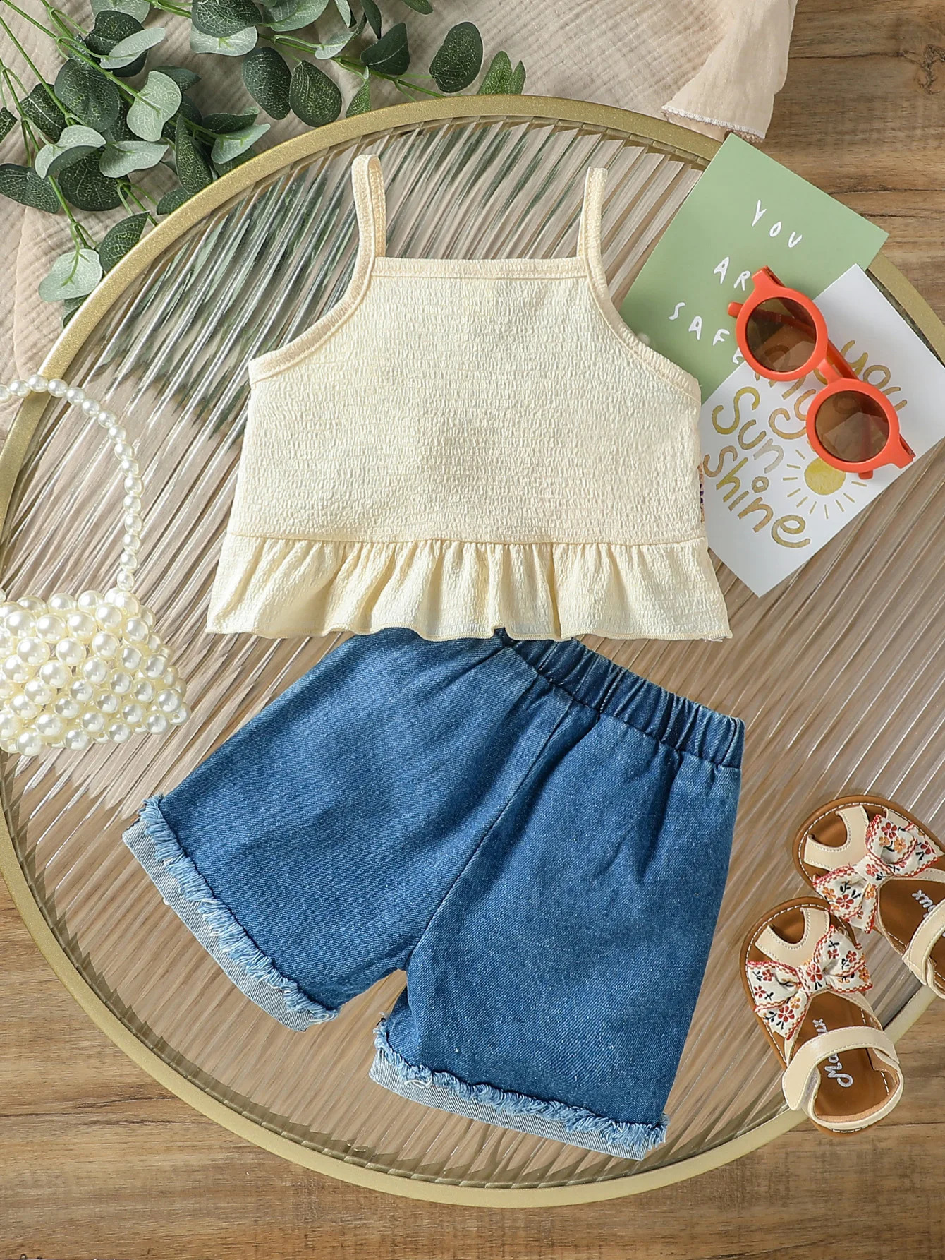 2Pcs Baby Girls Summer Sleeveless Printed Floral Camisole Jeans For Outdoor Wear 250206