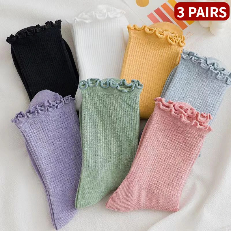 3 Pairs/lot Women Ruffle Lace Cute Socks Polyester Cotton Loose Autumn Winter Knitting Solid Color Long Breathable Mid Tube Sock 250121
