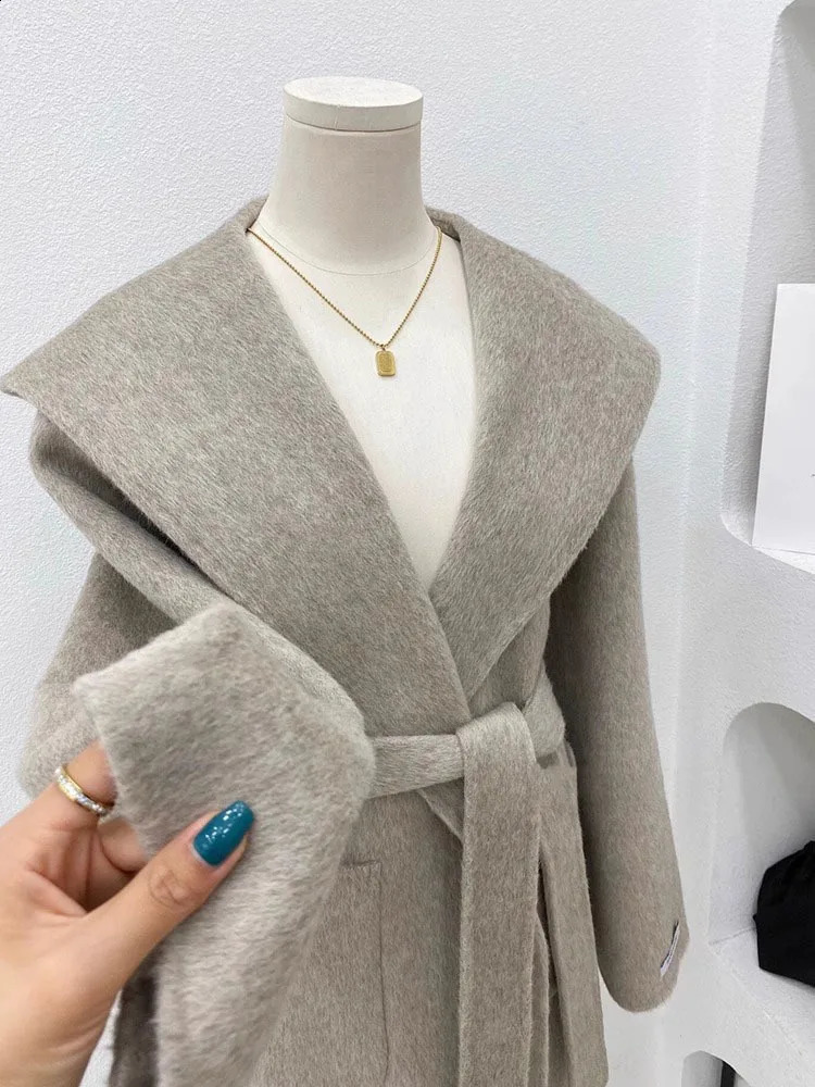 LANMREM Winter Wool Mid Length Coat For Women Lapel Belt Gathered Waist Solid Color Jackets 2024 Clothing 32C1603 250109Z