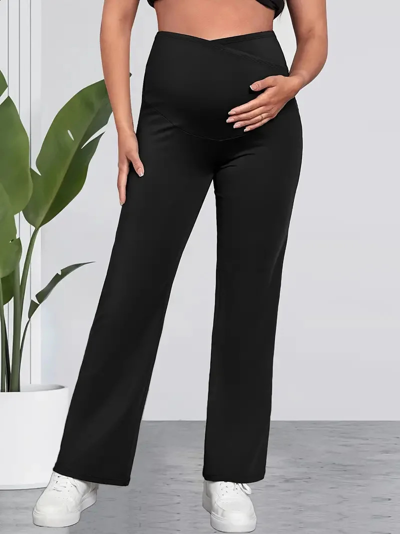 Black Womens Maternity Flared Pants Fashion Solid High Waist Belly Support Fitness Trousers For Pregnant Women All Match Pants 250206