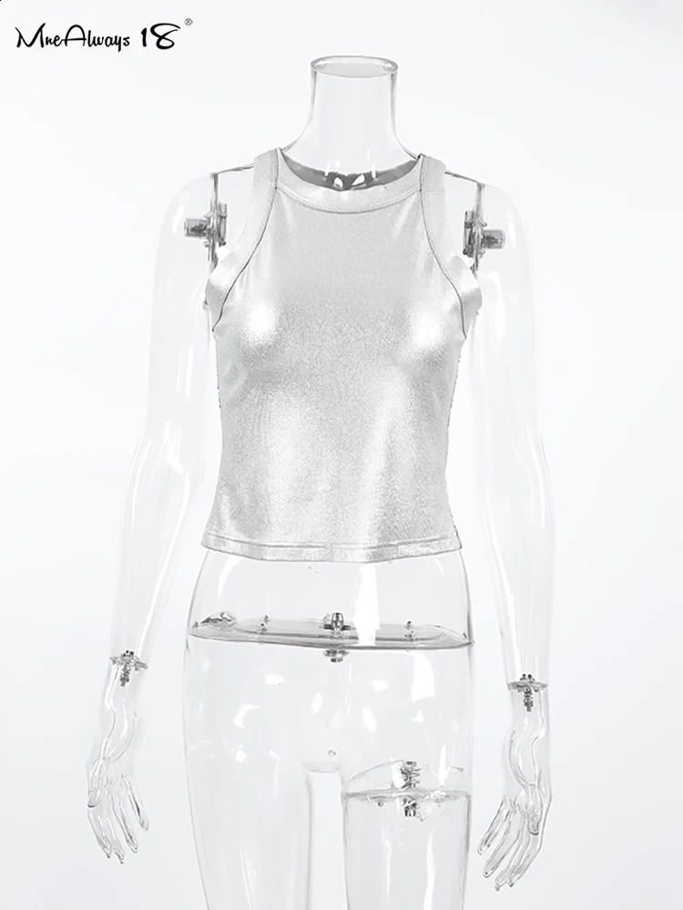 Mnealways18 Silver Pleated Tanks Tops Summer Street Style Sleeveless Slim Ribbed Knitting Camis Basic O-Neck Ladies Tops 250206