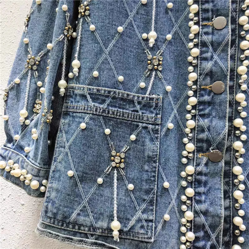 WTHT Trendy Womens Plaid Tassel Diamonds Denim Jacket 2025 Spring Fashion O-neck Long Sleeve Mid-length Coat Female 1LS709 250121