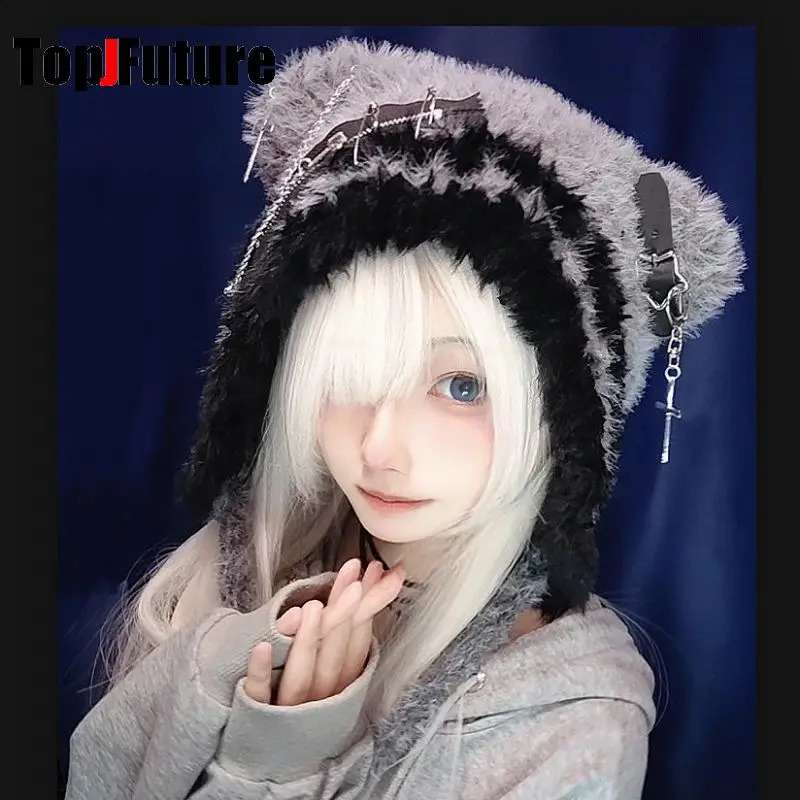 Womens Harajuku Steampunk Y2K Gothic Japanese Soft GirlBear Hat Cute Cross zipperChain decorationStar Hairline Hat 250120