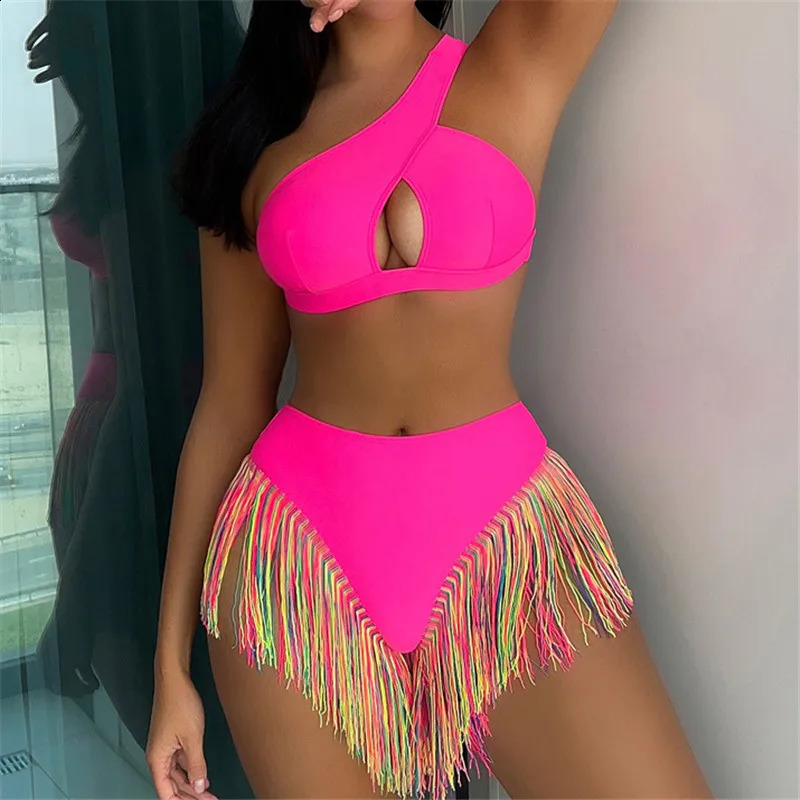 Sexy Fringe Tassel High Wasit Bikini Set One Shoulder Swimwear Hollow Out Swimsuits Woman 2024 Bathing Suit Bikinis Muejr Summer 250121