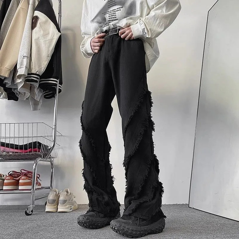 Y2K American Fashion High Street Vibe Destroyed Fringed Jeans Men And Women Vintage Harajuku Wide Leg Micro-trumpet Slacks 250206