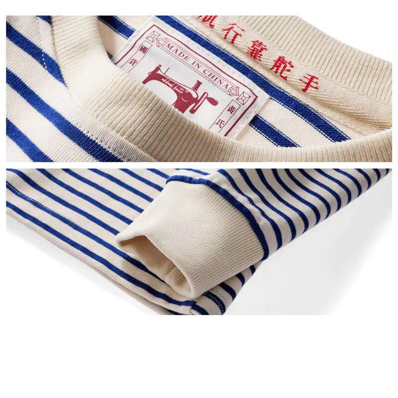 Blue White Sea Soul Shirt T-Shirt Heavy Cotton Striped Sports Jersey Men's Round Neck Long-Sleeved Outdoor Fiess Running Train