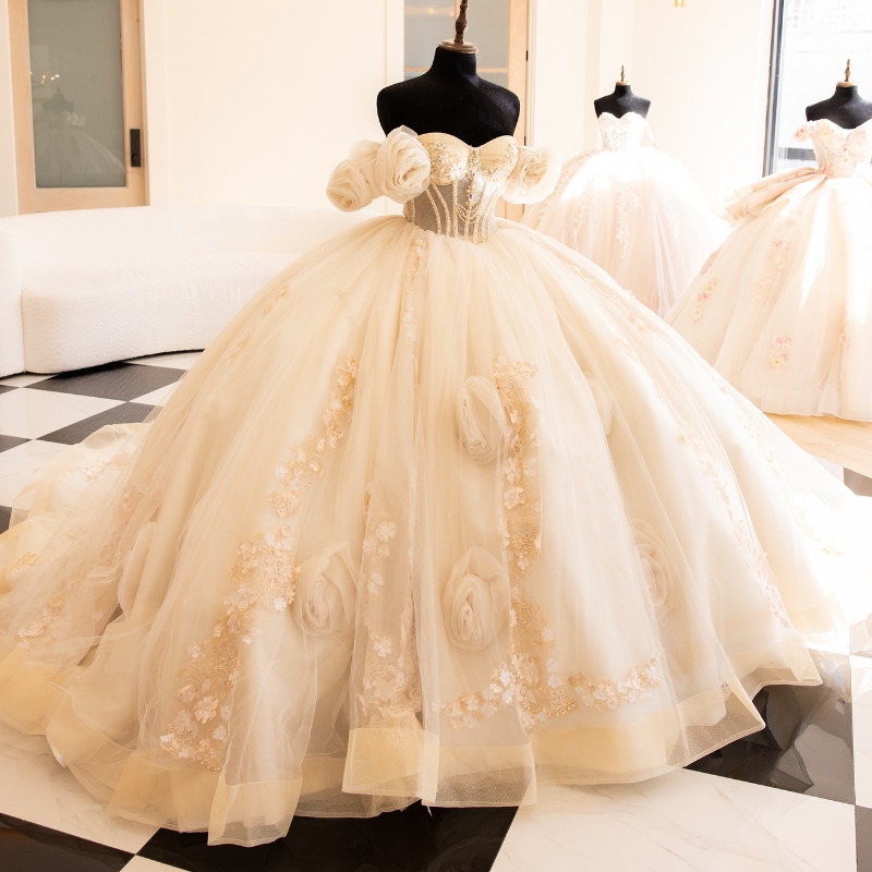 Champagne Quinceanera Dresses Ball Gown Off Shoulder Appliques Lace Flower Beads Tull Corset Birthday Party Sweet 16 Dress Vestidos 15 Anos