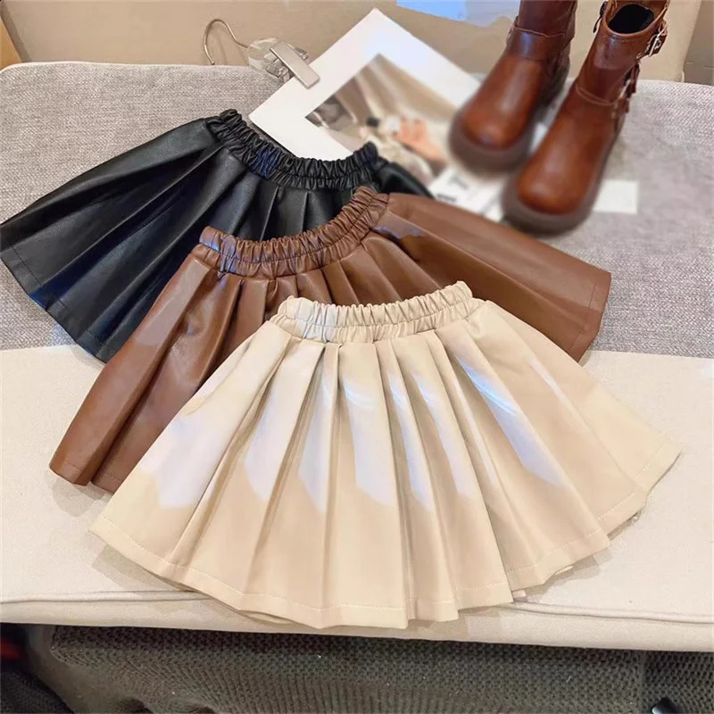 2-10 Years Baby Toddler PU Pleated Children School Girls Fall Winter Plush Skirt Pleated Skirts For Kids Children Clothes 250206
