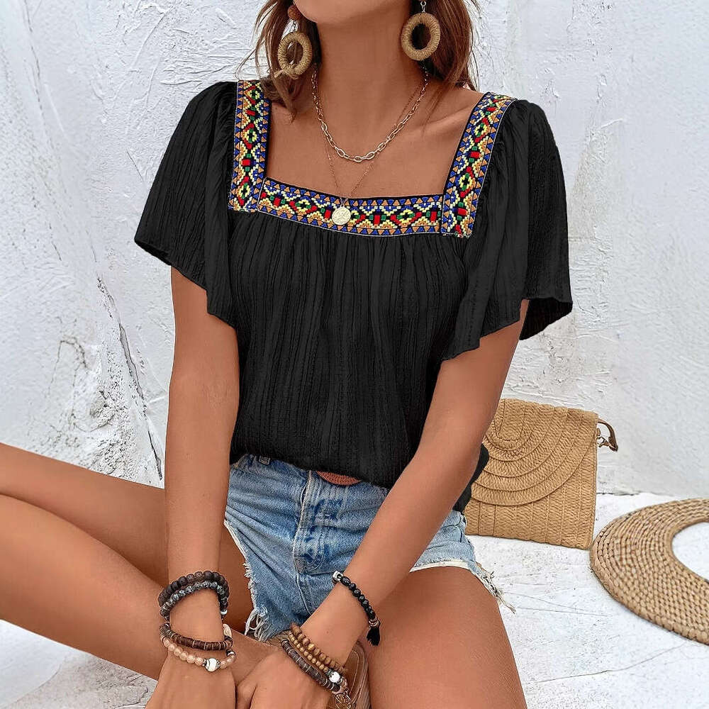European American fashion hot summer item square collar embroidered irregular hem women's shirt 2025 new style chic and elegant clothing