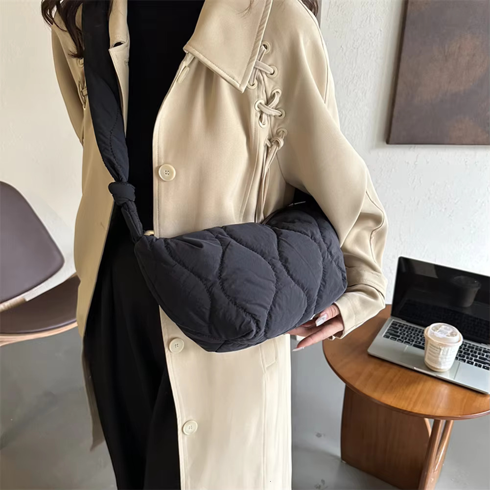 Puffer Shoulder For Women Soft Down Cotton Padded Tote Handbag Purse Quilted Cross Body Solid Color Pillow Shopper Bag Cotton Fabric Gender Neutral