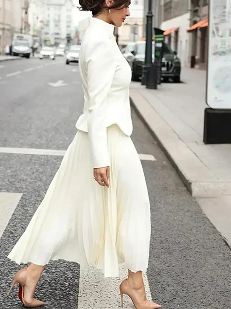 TWOTWINSTYLE Solid Two Piece Set For Women Stand Collar Long Sleeve Spliced Button Tops High Waist Skirt Chic Set Female Fashion 250116