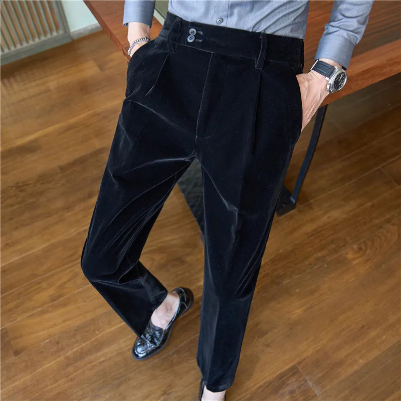 Dress Pants For Men Clothing Autumn Winter Thick Elegant Velvet Man Pants Stretchable Waist Naples Mens Formal Trousers Black 250122