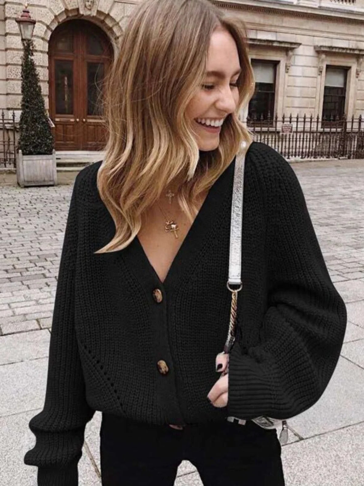 Grey Cardigan Sweater Women Cozy Soft Knit Button Up V-Neck Jumper Basic Knitwear Autumn Winter Outfit 250206