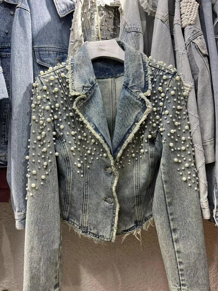 Spring Pearl Diamonds Beading Denim Jacket Women Vintage Notched Blue Slim Jeans Coat Female Long Sleeve Short Cow Outerwear 250116