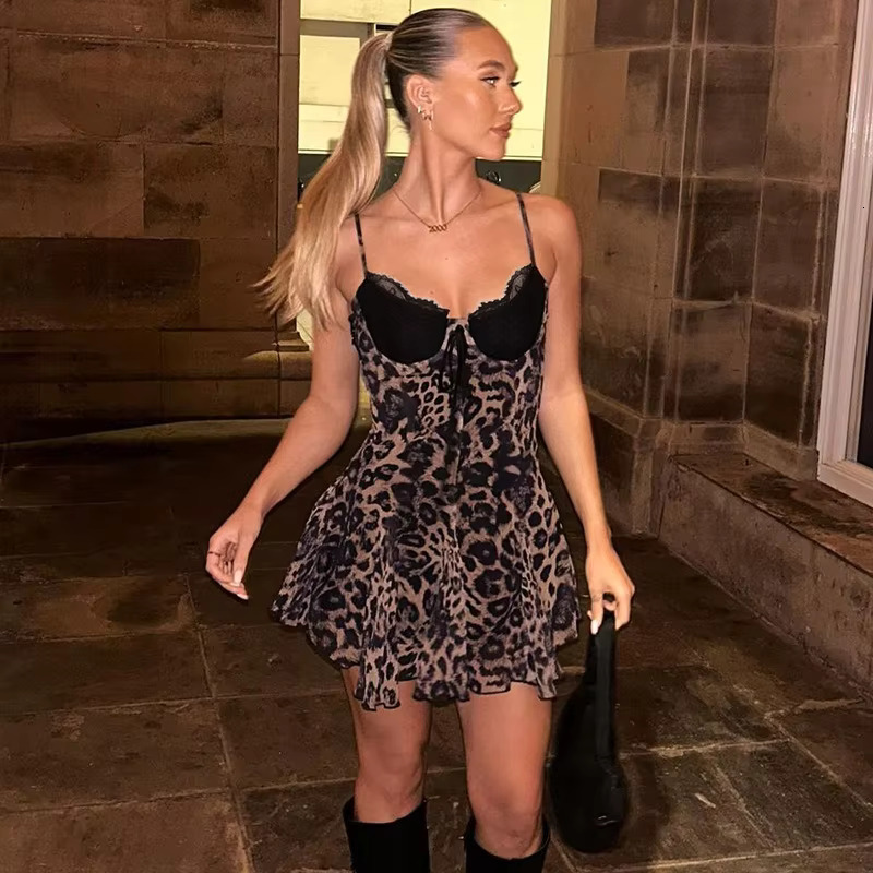 Tuularose Leopard Short Women's Sexy Spaghetti Straps Sleeveless Backless Y2k Party High Street Lace Up Dress