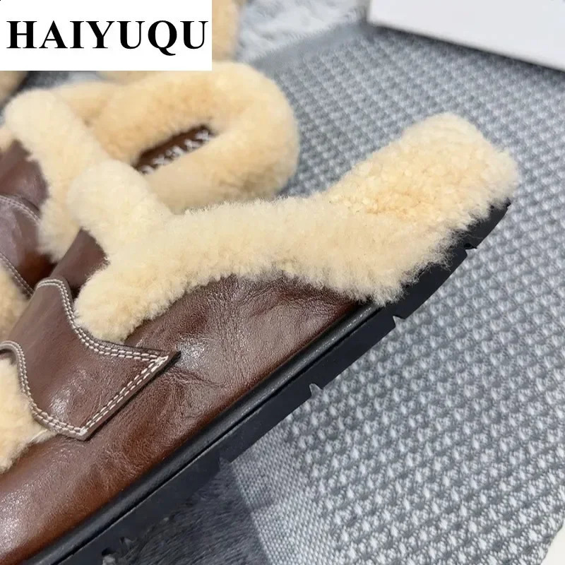 Flats Platform Cotton Slippers Women Fur Mules Shoes Winter Plush Warm Slides 2025 Trend Casual Snow Boots Soft Leather Cozy 250120