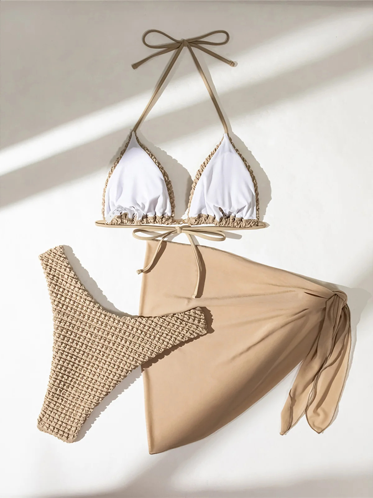 Sexy With Sarong Wrinkled Halter Bikini Female Swimsuit Women Swimwear Three-pieces Bikini set Bather Bathing Suit Swim K5237 250121