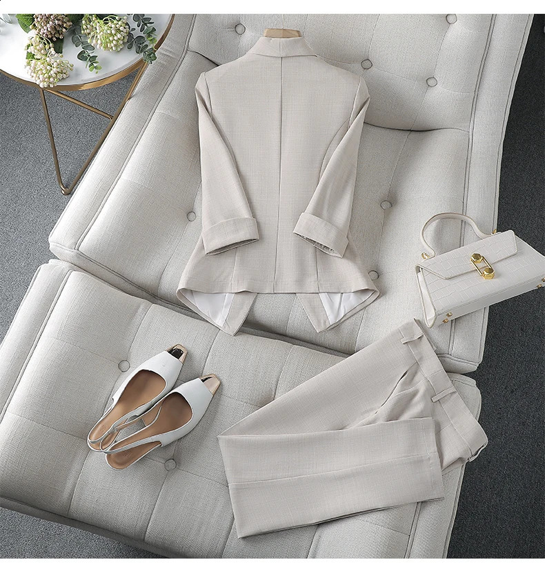 Spring Summer Flanged Casual Jacket Blazer Slim Pencil Pants Elegant Womens Pants Suit Office Manager Outfits Two Piece 250206