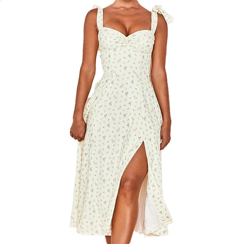 Sundress Midi Slip Backless Pleated Slit White Yellow Lace-up Flowers Ummer Spring Floral Dress Womens Sexy Casual Fashion 250206