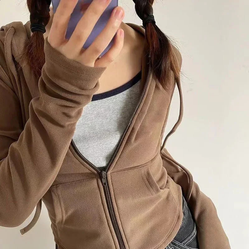 Xpqbb Vintage Zip Up Cropped Hoodies Women Solid Color Y2K Long Sleeve Hooded Jacket Woman Korean Style Slim Streetwear Hoody 250206