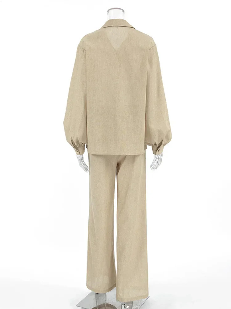 Women Casual Cotton Linen Lapel Shirt Tops Set Elegant Single Breasted High Waist Straight Pants Suits Lady 2025 Streetwear 250107