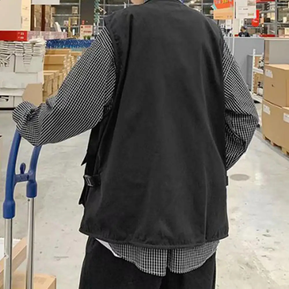 Multi-pocket Men Vest Sleeveless Solid Color Zipper Fly Waistcoat Loose Fit Casual Pographer Waistcoat Outdoor Cargo Vest 250206