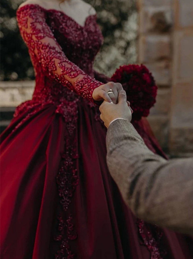 Elegant Burgundy A-Line Wedding Dresses Beaded Lace Long Sleeves Appliques Satin Long Bridal Gowns 2025 Arabic Dubai Vestdio De Novia