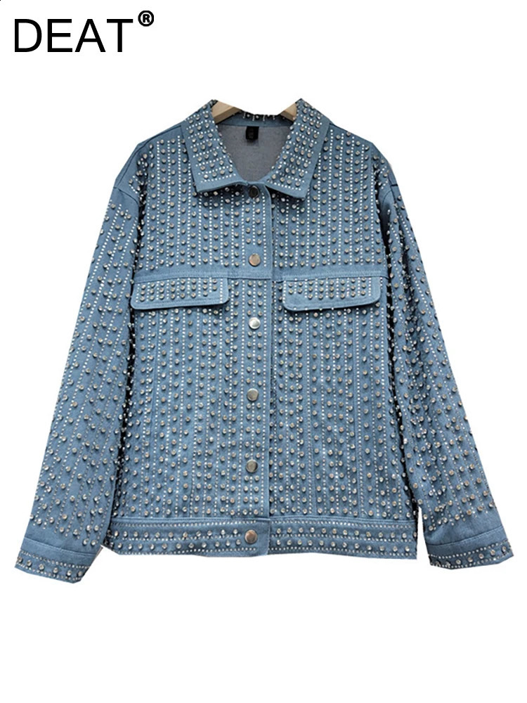 DEAT Womens Denim Coat Full Diamonds Rhinestone Single Breasted Long Sleeve Loose Blue Jackets 2025 Spring Fashion 29L2110 250116