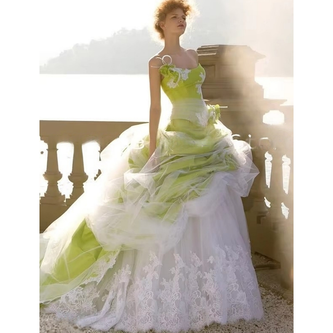 Ruched Green And White A-Line Wedding Dresses Lace Appliques Pastrol Bridal Gowns Sleeveless Elegant Beach Vestido De Novia 2025