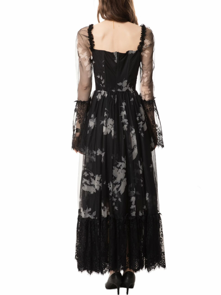 OC133M91 Spring and Summer Women's Dress Multicolored V-neck Long Sleeved Printed Patchwork Lace Long Skirt Temperament Socialite