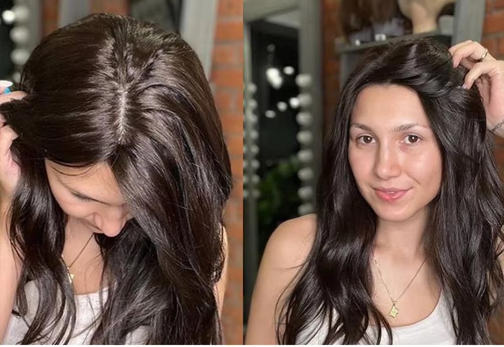 Dark Brown Wavy Hair Silk Base Human Hair Topper Real Scalp Women Toupee Thin Hair Help Hairpiece with Clips