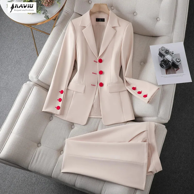 Apricot Suits Women Autumn High End Fashion Business Temperament Slim Blazer And Flare Pants Office Ladies Work Wear 250206