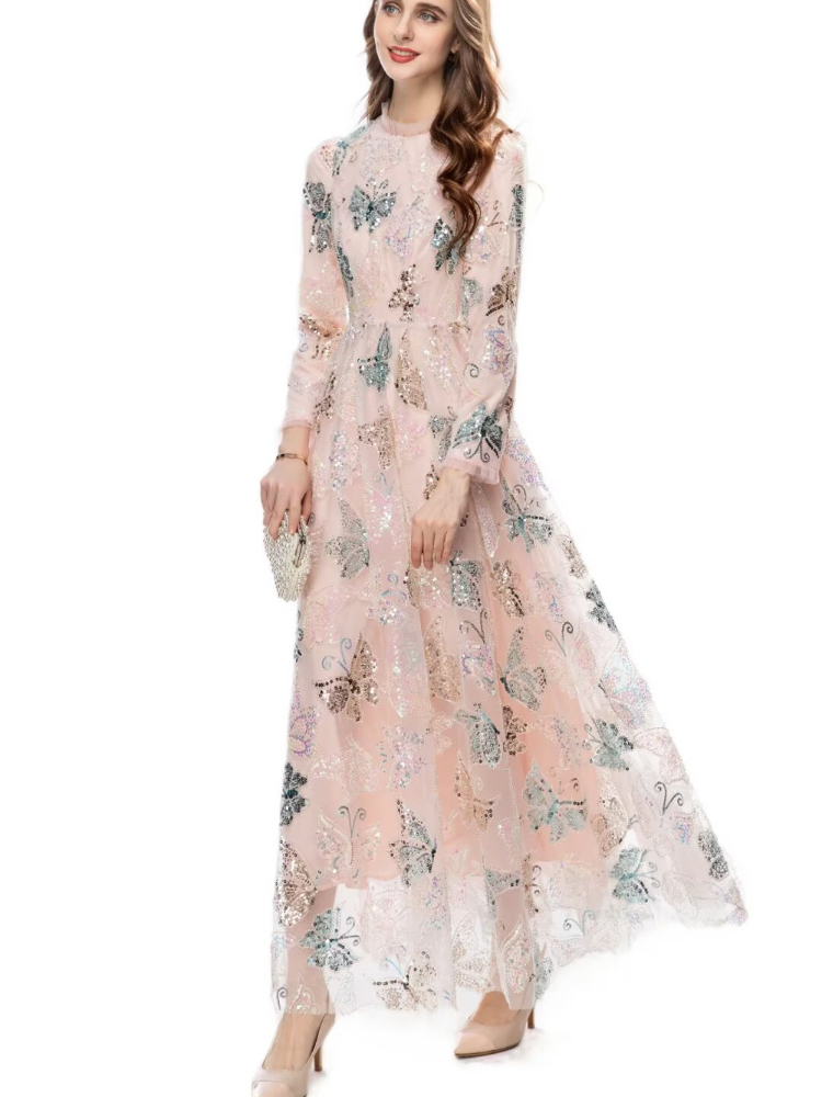 OC4099M5 Spring and Summer Women's Dress Multicolored Round Neck Long Sleeved Mesh Handmade Butterfly Embroidered Bead Long Skirt