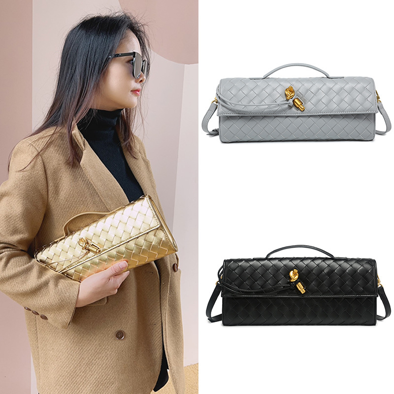 PU Evening Woven Clutch: Handcrafted, Metal Clasp Front Flap Lock ,Chic Grid with Golden Hardware - Elegant Small Square Shoulder & Crossbody Women Le