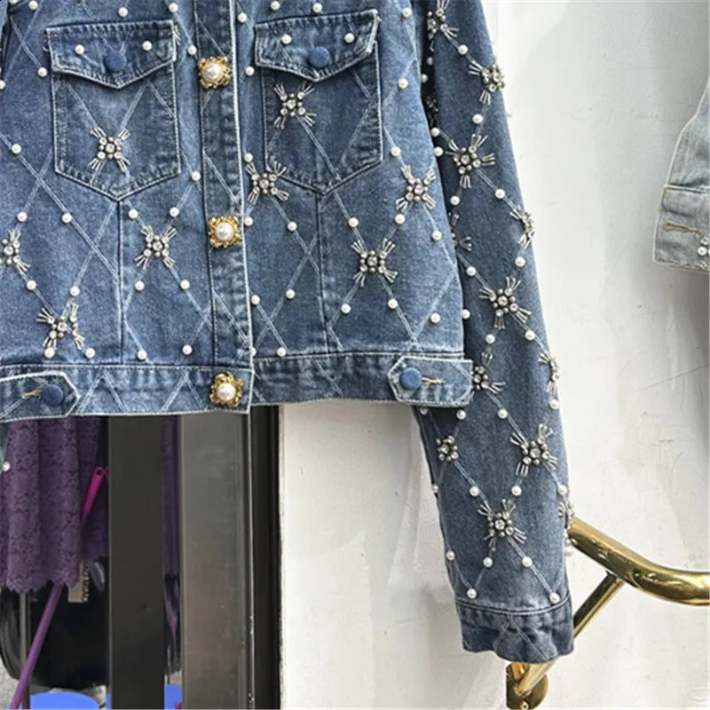 Korean Stand Collar Denim Jacket Women Beading Diamonds Cow Outerwear Spring Autumn Slim Short Big Pocket Jeans Jacket Female 250121
