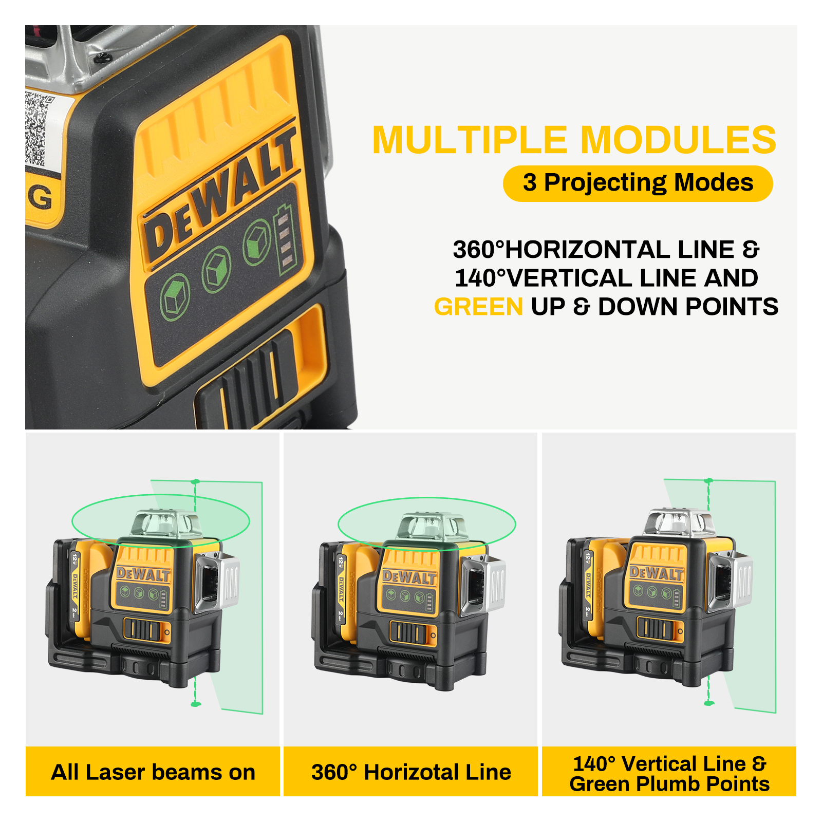 Dewalt DW089LG 3 SidesX360 Degree Vertical 12V Lithium Battery 12 Lines Laser Green Meter FOR Outdoor work
