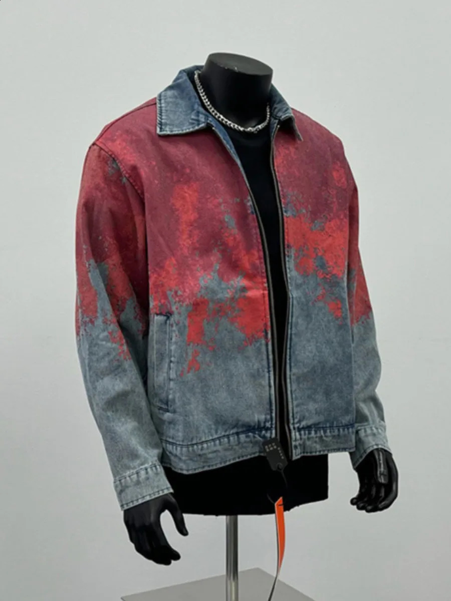 Retro Tie Dye Washed Denim Jacket Men Women Varsity University Coat High Streetwear Old School Chic Cow Boy Bomber Coat 250206