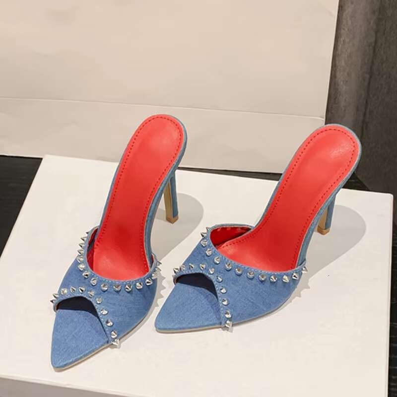 Liyke 2025 Summer Fashion Metal Rivet Designer High Heels Women Slippers Sexy Pointed Toe Party Stripper Shoes Mules Sandals