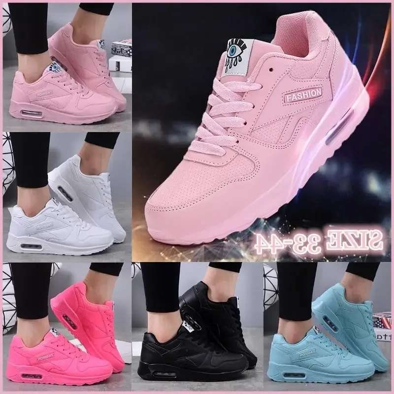 Women Fashion Sneakers Air Cus hion Sports Pu Lea ther Blue White Pink Outdoor Walking Joggin g Shoes Female Trainers