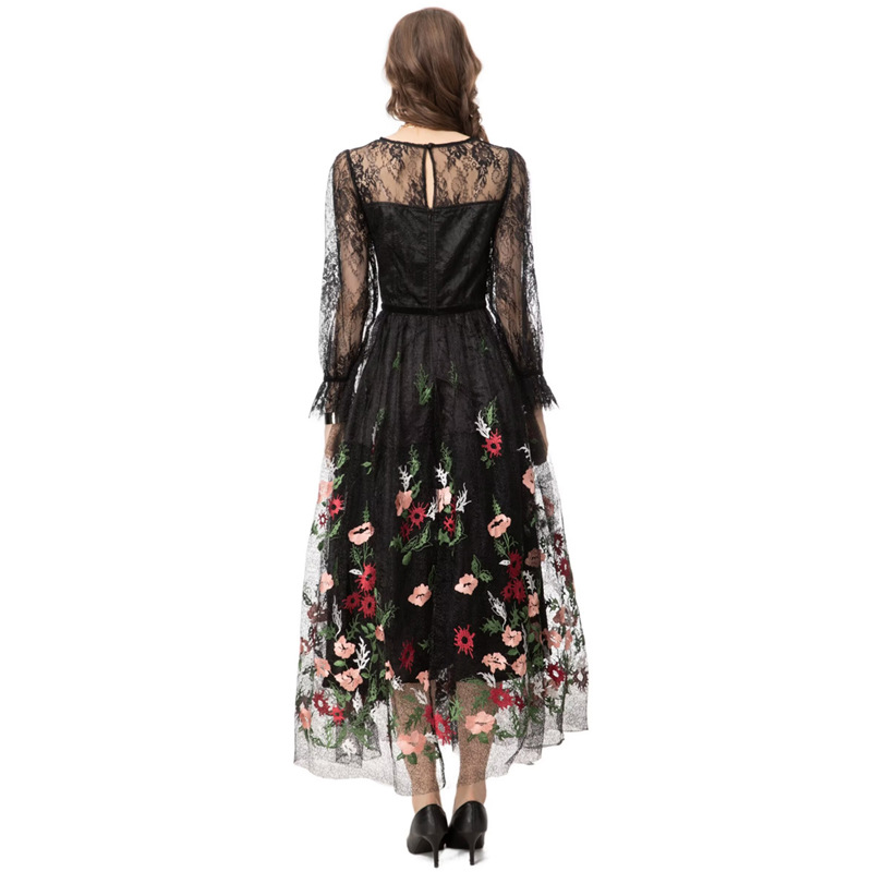 OC134M04 Spring and Summer Women's Dresses Multicolored Round Neck Long Sleeved Handmade Embroidered Diamond Lace Gorgeous Long Skirt for Commuti