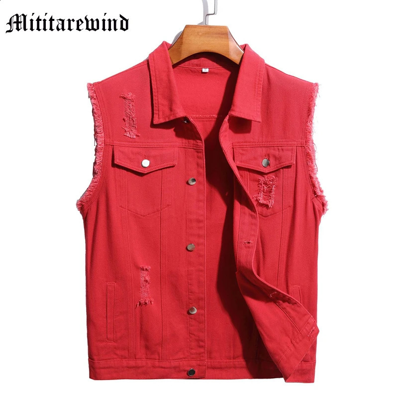 Spring Autumn Denim Vest Men Unisex Sleeveless Jackets Y2k Coats High Street Tops Hip Hop Solid Red Black Clothing Classic Vest 250206